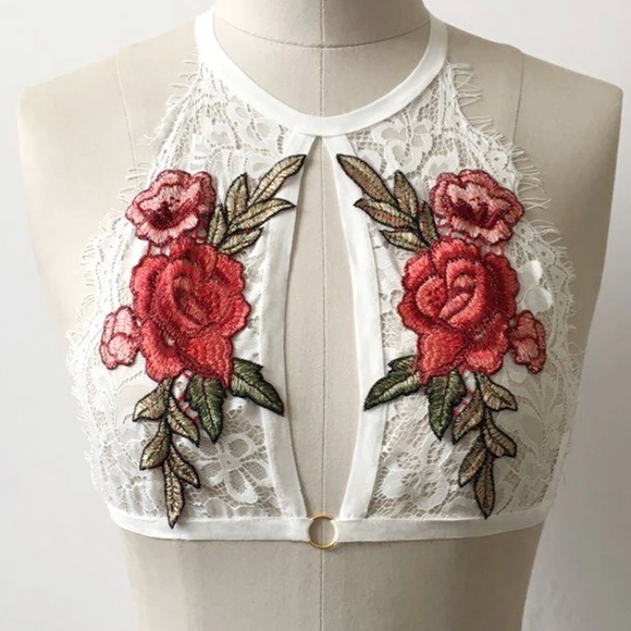 White Lace Floral Embroidery Bra Crop Top - Picture 3 of 6